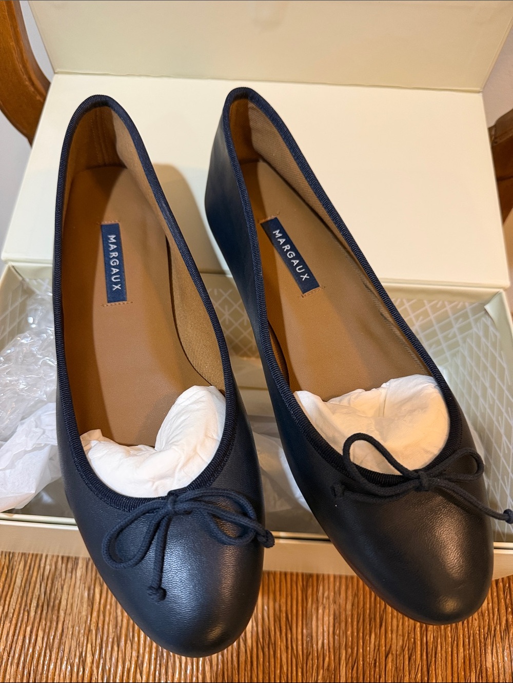 Margaux Navy-Black Leather Ballet Flats with Bow Trim
